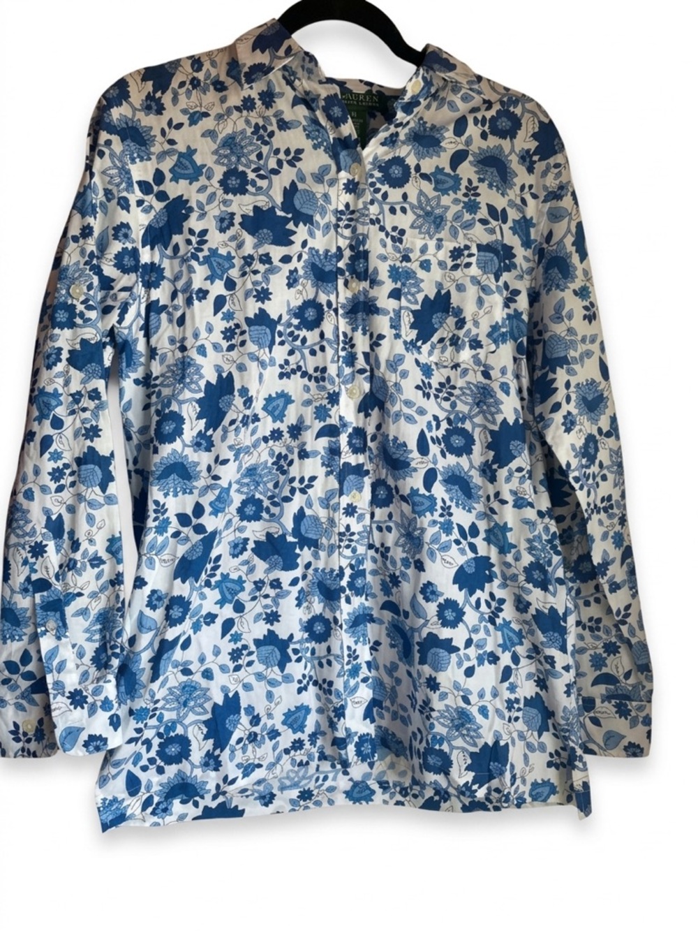 Lauren Ralph Lauren Blue Floral Button Down Shirt Medium 100% Cotton